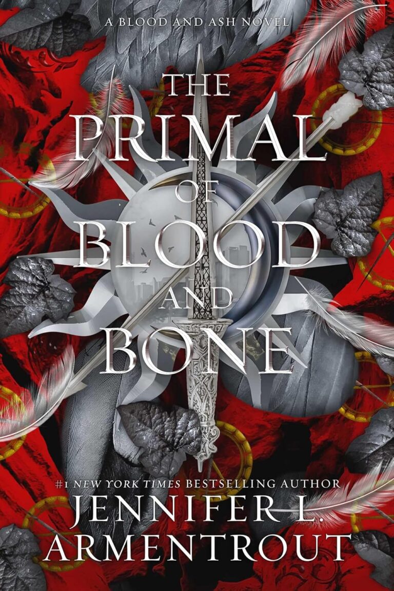 Book cover for The Primal of Blood and Bone by Jennifer L. Armentrout, featuring a sword, leaves, feathers, and a sunburst on an Onyx Storm-inspired red and black background with ornate silver lettering.