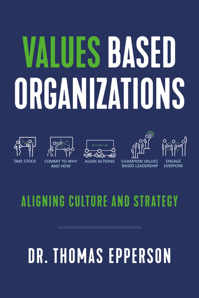 A blue cover with white and green text, highlighting strategy and values based organizations.