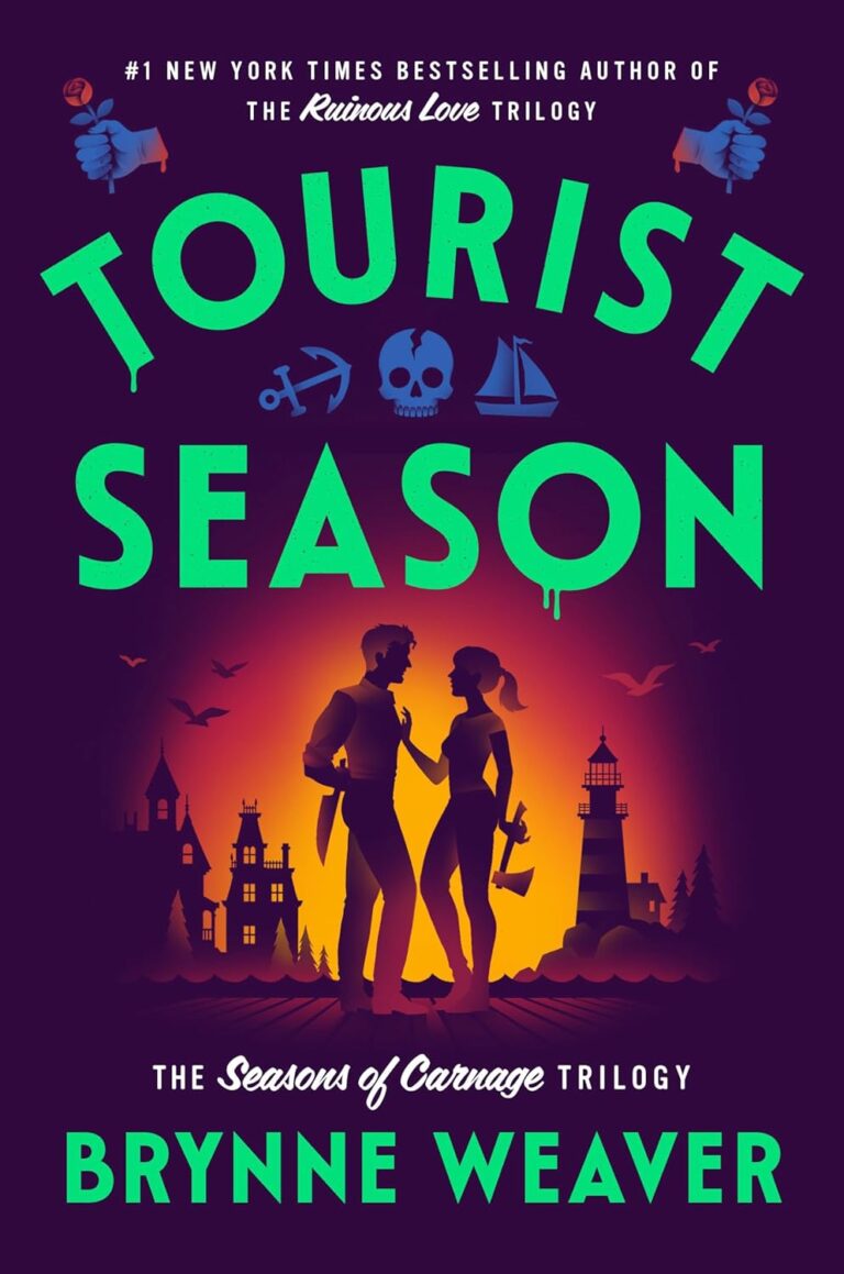 Book cover for Tourist Season by Brynne Weaver, featuring a silhouetted couple—one with a gun, the other a knife—standing near a lighthouse at sunset. The title includes icons: anchor, skull, knife, sailboat. Inspired by the intrigue of Onyx Storm.