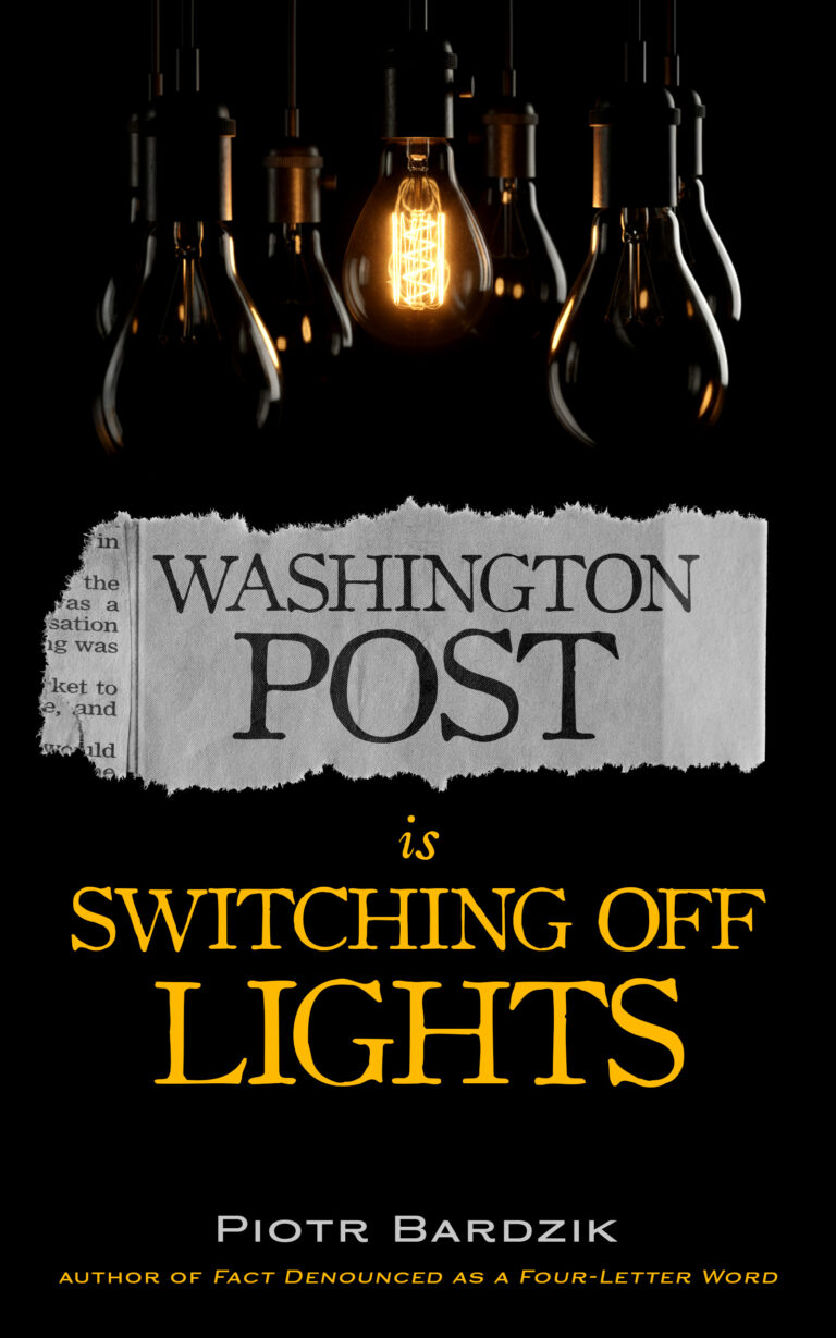 A book cover features a torn Washington Post newspaper and hanging light bulbs—one glowing. Below, the title reads Switching Off Lights by Piotr Bardzik.