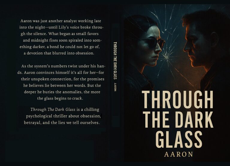 Book cover for Through the Dark Glass by Aaron. The left side features a synopsis in white on a dark background; on the right, a man and woman in dark clothing and sunglasses face each other, framed by a cracked glass effect.
