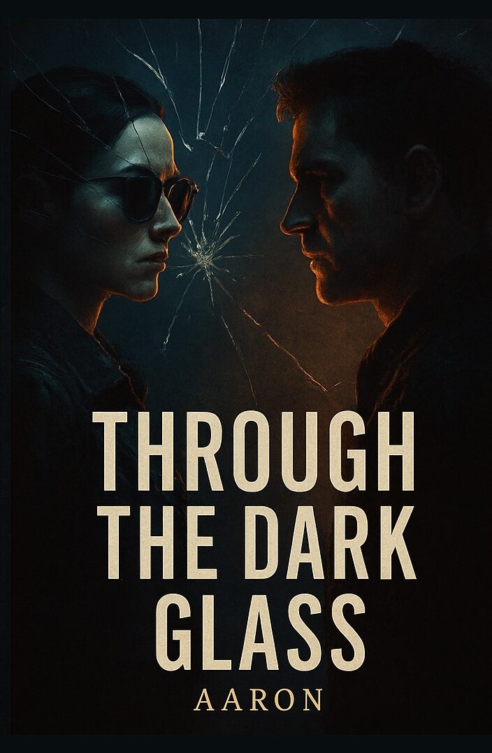 Book cover for Through the Dark Glass by Aaron. The left side features a synopsis in white on a dark background; on the right, a man and woman in dark clothing and sunglasses face each other, framed by a cracked glass effect.