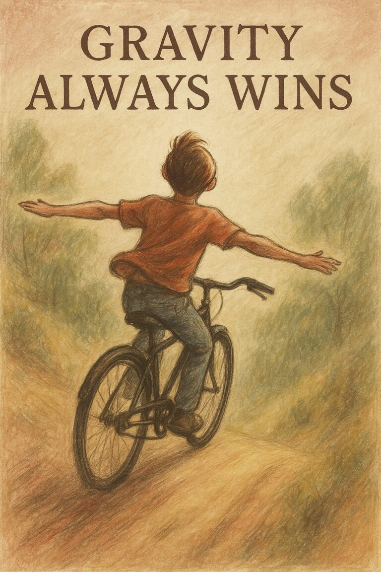 A child rides a bicycle down a hill with arms outstretched, wearing a red shirt and jeans. Above, the text reads, GRAVITY ALWAYS WINS, perfectly capturing the playful moment shaped by gravity. The background is a soft, sketch-like landscape.