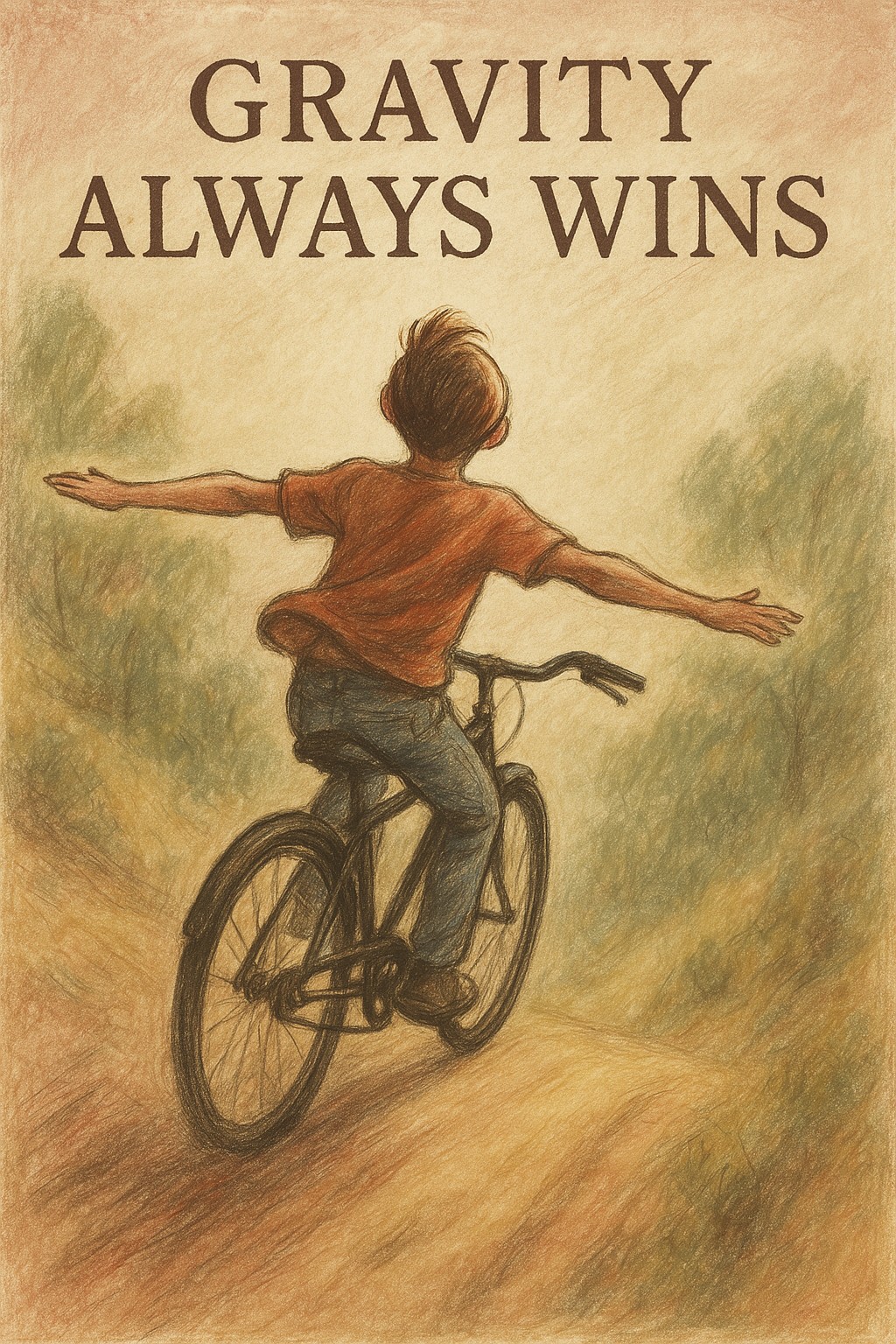 A child rides a bicycle down a hill with arms outstretched, wearing a red shirt and jeans. Above, the text reads, GRAVITY ALWAYS WINS, perfectly capturing the playful moment shaped by gravity. The background is a soft, sketch-like landscape.