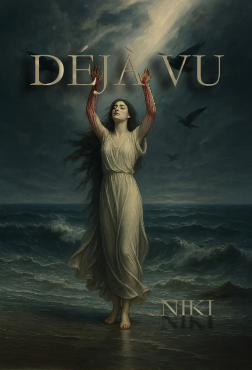 A woman in a white dress stands on a shore with arms raised, her forearms stained red. Dark clouds and birds fill the sky. The words “DÉJÀ VU” appear above her, with “NIKI” in the lower right corner.