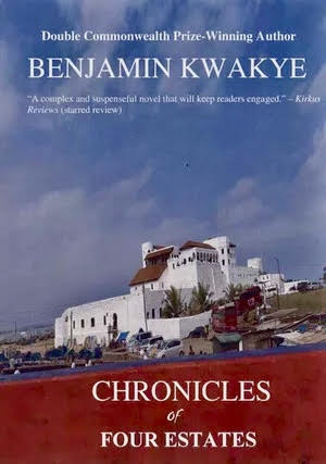 Book cover for CHRONICLES OF FOUR ESTATES by Benjamin Kwakye, featuring a white building with a red roof and arched windows, set against a blue sky with scattered clouds, evoking the world of the four estates.