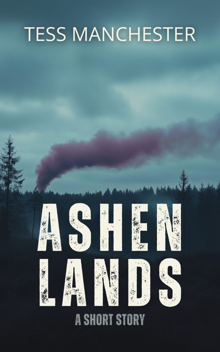 Book cover for Ashen Lands: A Short Story by Tess Manchester. The image shows a dark forest with purple smoke rising into a cloudy sky, creating a mysterious and suspenseful mood.