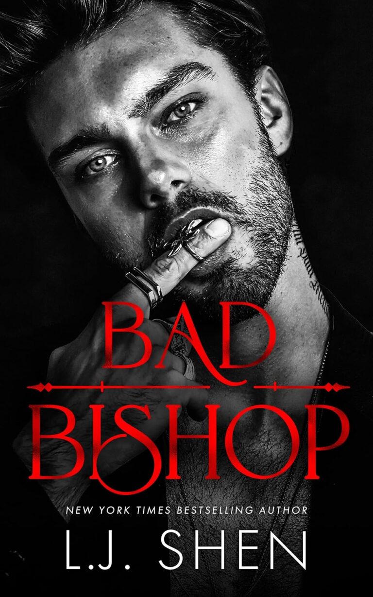 A grayscale book cover features a man with tousled hair and facial hair, holding two fingers to his lips. Bold red text reads Bad Bishop, with Heart of a Goon hinted beneath. White text credits author L.J. Shen as a New York Times bestseller.