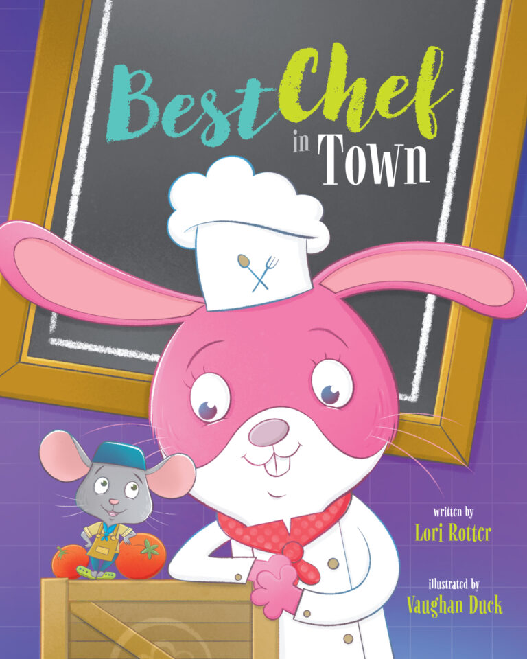 A pink rabbit dressed as the Best Chef in Town smiles in front of a chalkboard. A small gray mouse in a yellow apron stands on a crate with tomatoes. The cover text reads Best Chef in Town.