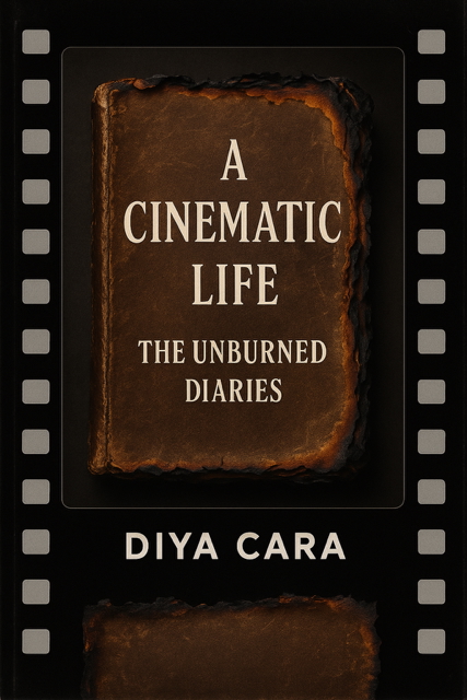 A book cover featuring a burnt-edged diary titled A Cinematic Life: Unburned Diaries by Diya Cara, set against a black background with filmstrip borders, captures the essence of untold stories and cinematic memories.
