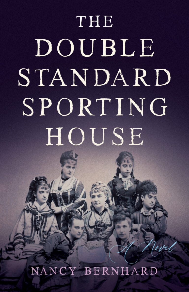 Book cover for The Double Standard Sporting House by Nancy Bernhard, featuring a vintage photo of seven women in Victorian-era clothing, sitting and posing together, set against a dark purple gradient background that echoes the Sporting House theme.