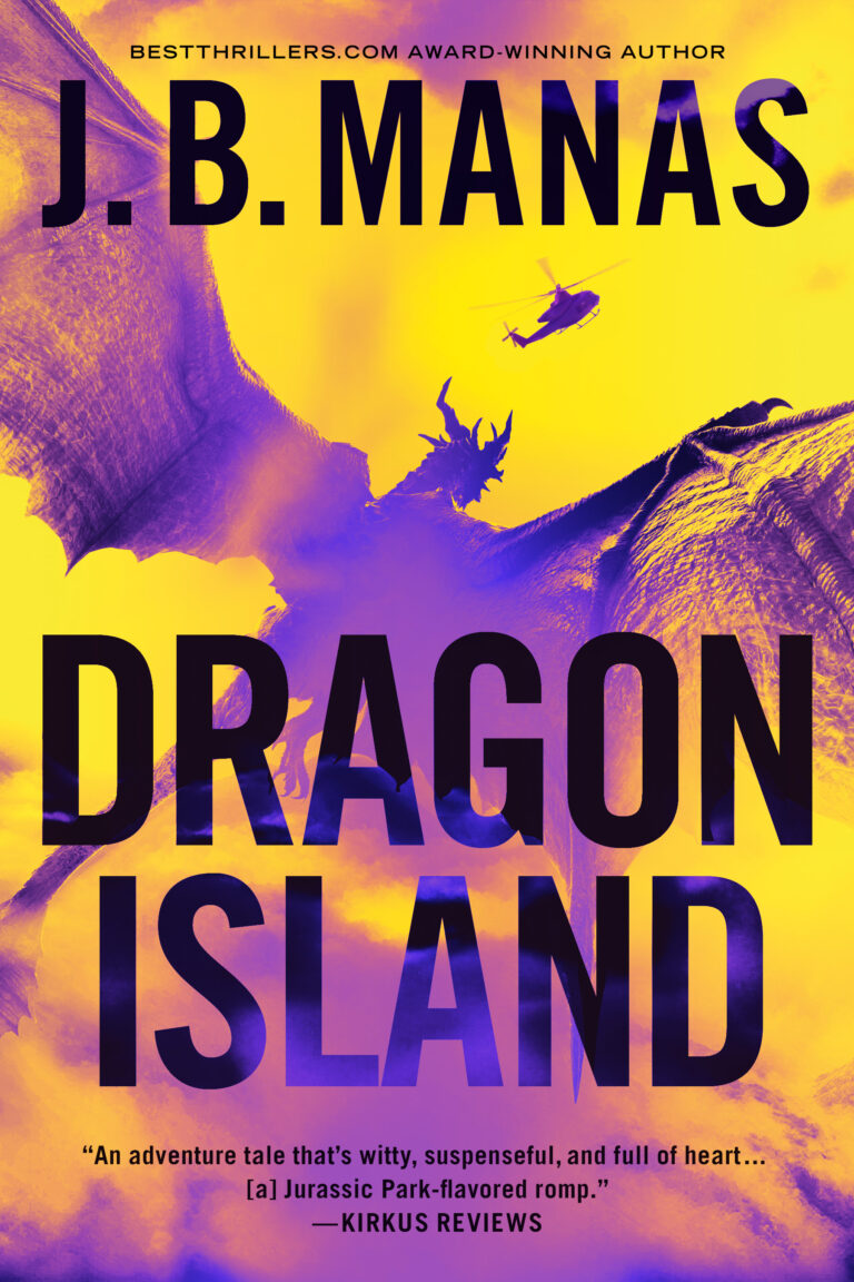 Book cover for Dragon Island by J.B. Manas, featuring a majestic dragon with outstretched wings, a flying helicopter, and bold yellow and purple colors. The tagline captures this Dragon Island adventure: witty, suspenseful, and full of heart.