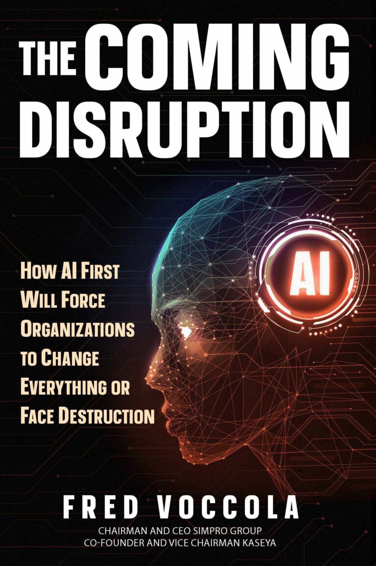 Book cover titled The Coming Disruption by Fred Voccola, featuring a glowing AI circuit brain profile and text about how an AI First approach will drive organizational change—or risk destruction.
