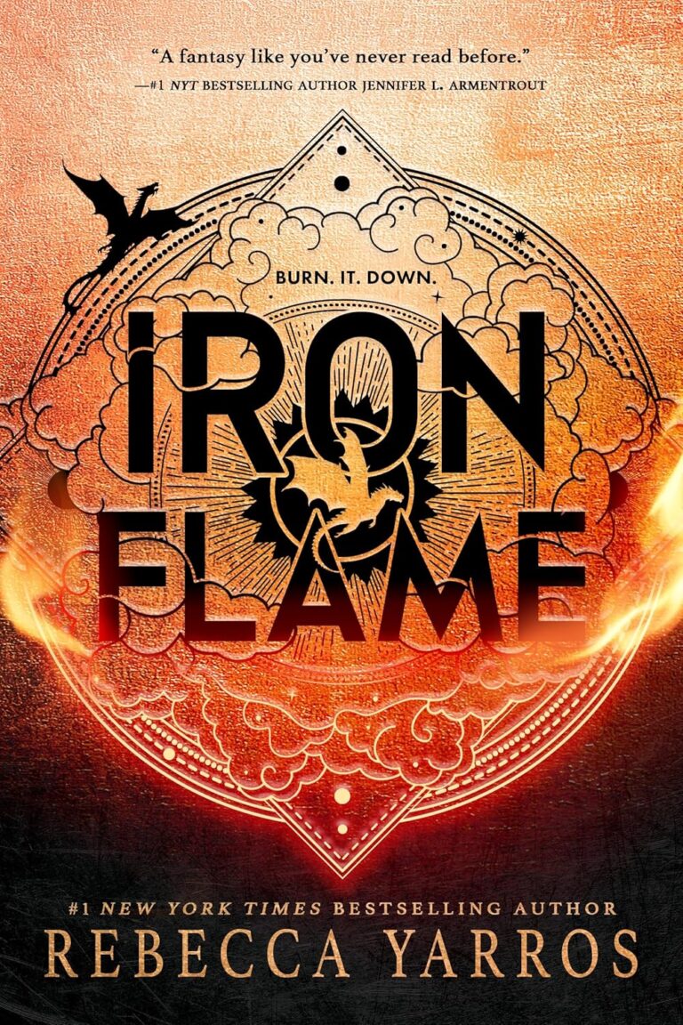 Book cover for Iron Flame by Rebecca Yarros, Book 2 of The Empyrean, featuring a dragon silhouette and fiery orange, red, and black ornate patterns. The tagline reads BURN. IT. DOWN. From the #1 New York Times bestselling author of Onyx Storm.