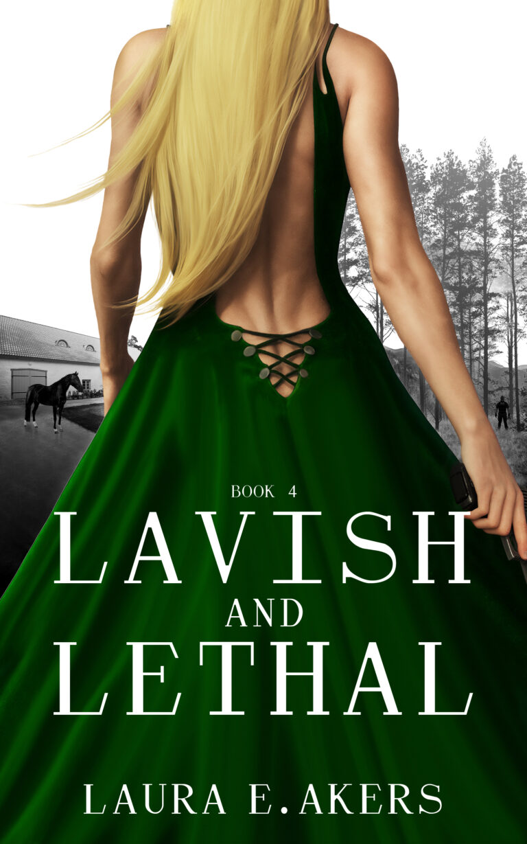 A woman with long blonde hair in a lavish green backless dress stands facing away, holding a gun behind her back. Horses and a person are near a stable and trees. Text reads: Lavish and Lethal, Laura E. Akers, Book 4.