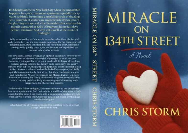 Book cover for MIRACLE ON 134th STREET by Chris Storm. A gloved hand holds a white heart-shaped ornament against a snowy, blurred background. The title and author&rsquo;s name appear in bold yellow and blue text.