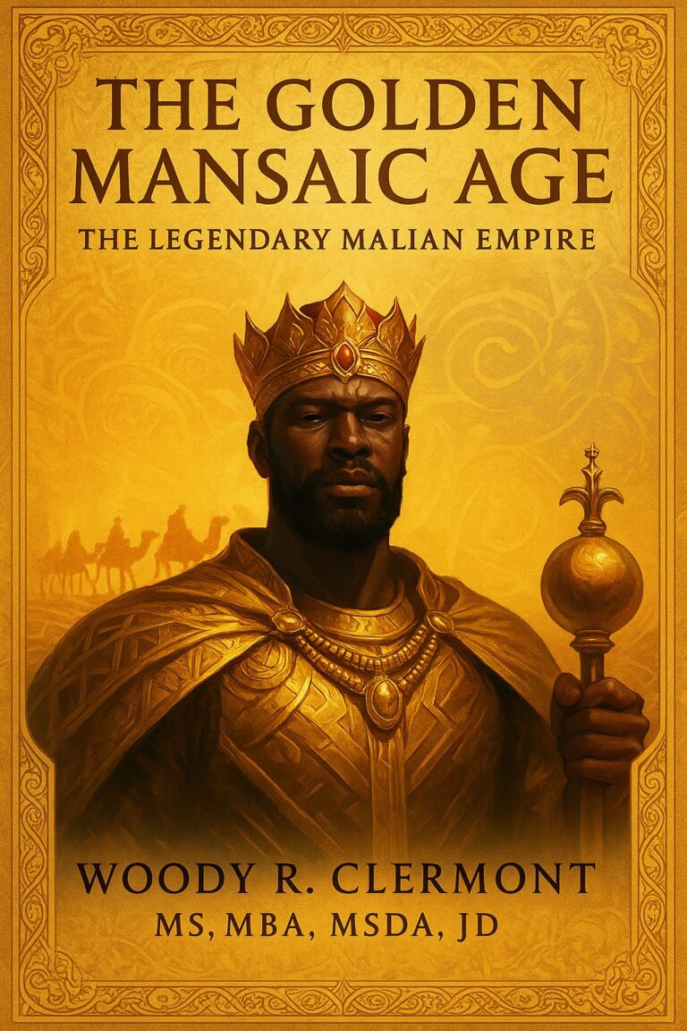 A book cover titled The Golden Mansaic Age: The Legendary Malian Empire features a regal Black man in golden robes and a crown, holding a scepter, embodying the grandeur of the Golden Mansaic Age. Author: Woody R. Clermont, MS, MBA, MSDA, JD. Warm, ornate background.
