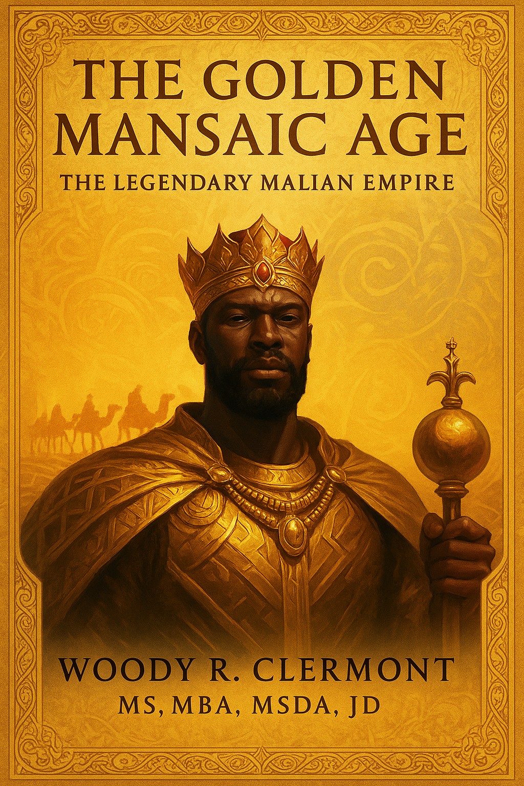 A book cover titled The Golden Mansaic Age: The Legendary Malian Empire features a regal Black man in golden robes and a crown, holding a scepter, embodying the grandeur of the Golden Mansaic Age. Author: Woody R. Clermont, MS, MBA, MSDA, JD. Warm, ornate background.