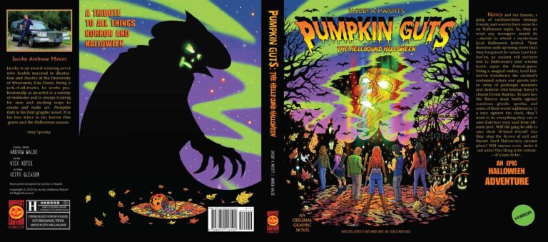A Halloween comic book cover shows teens and a dog facing glowing Pumpkin Guts and roots rising from the ground, with a shadowy figure looming behind a pumpkin patch at night under a full moon.