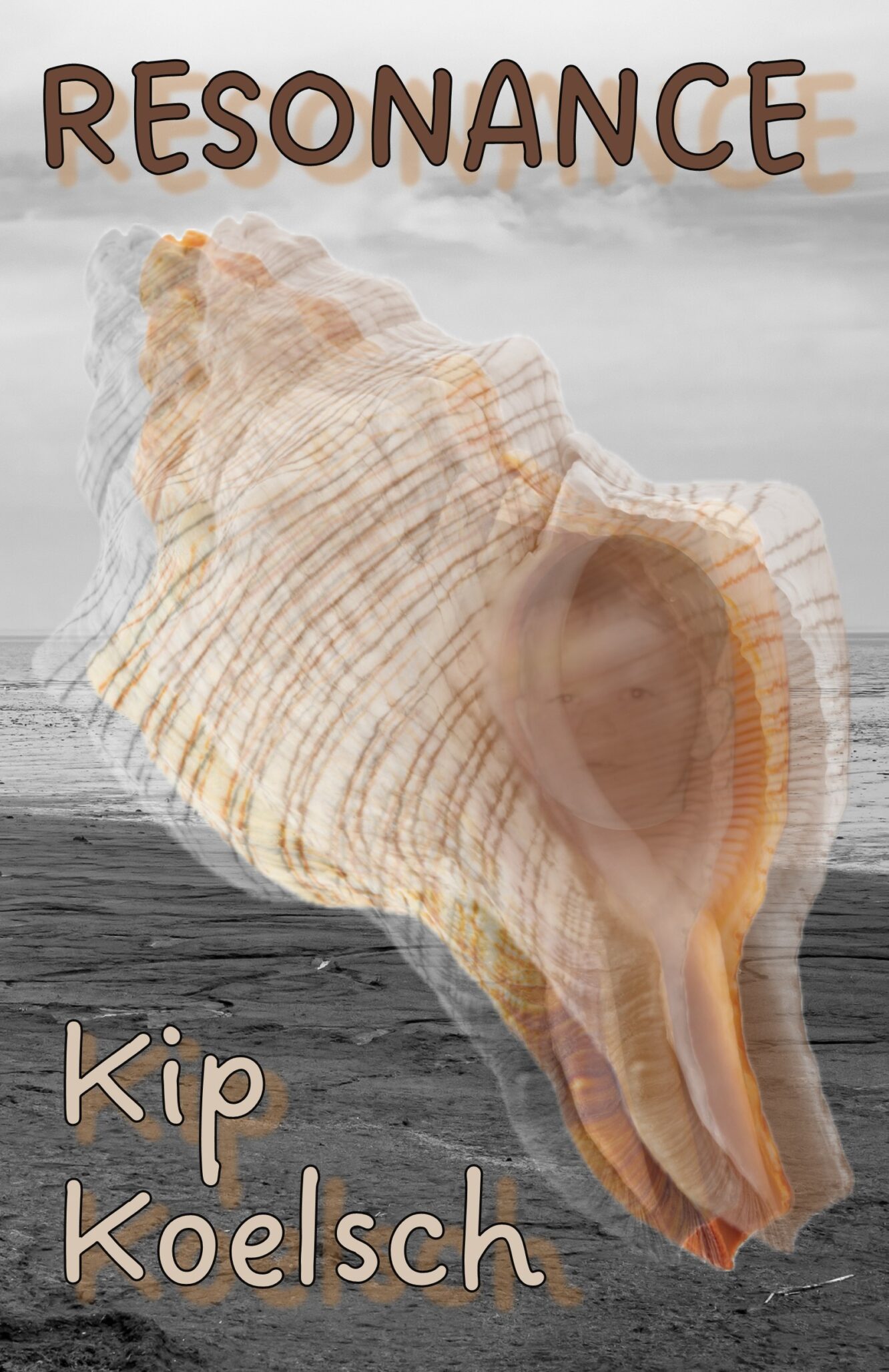 A large conch shell with a ghostly, layered effect overlays a grayscale beach. The title RESONANCE is at the top, and Kip Koelsch is at the bottom, both in a hand-drawn style font.
