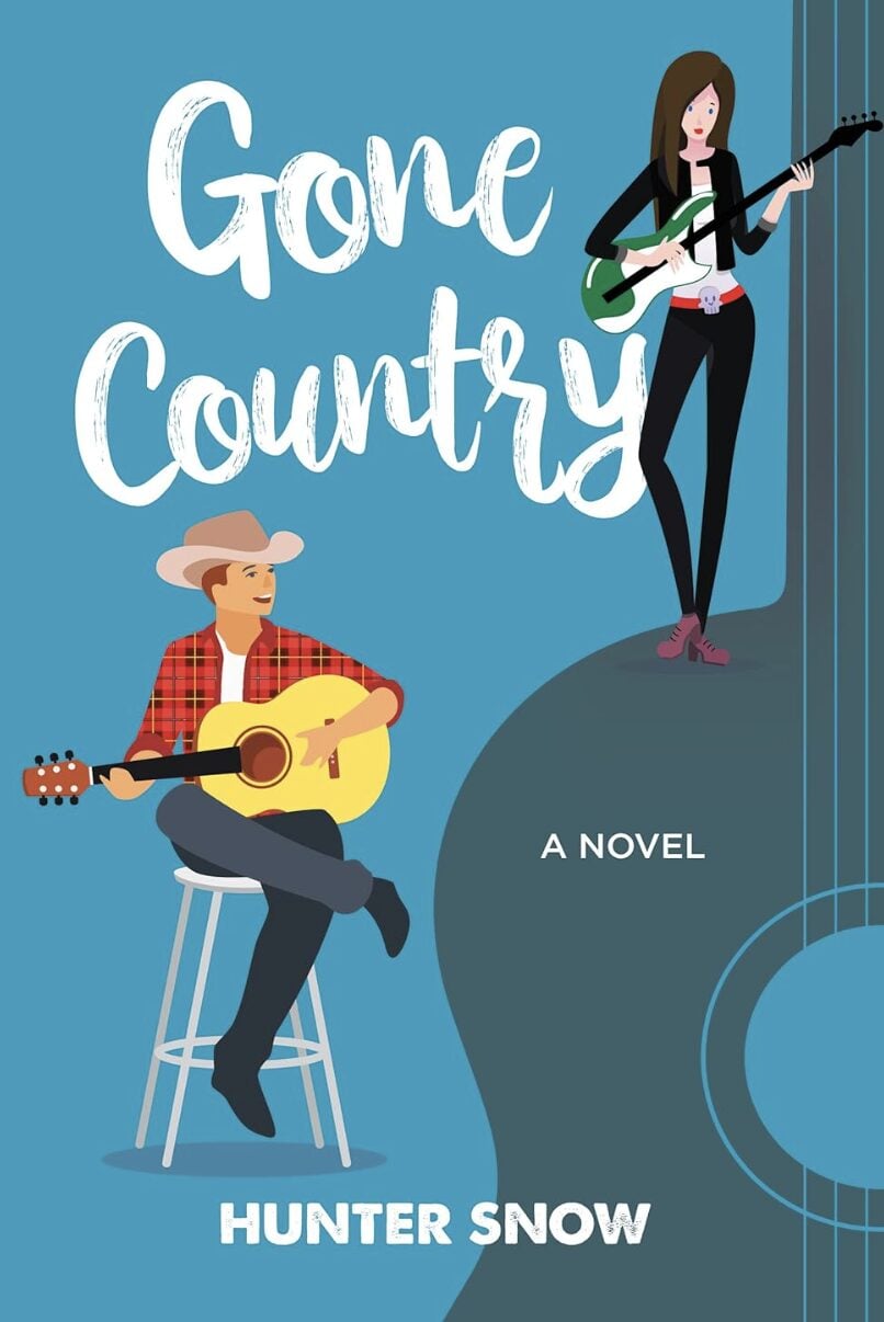 Illustrated book cover for Gone Country by Hunter Snow, featuring a man in a cowboy hat playing guitar on a stool and a woman with an electric guitar, set against a blue backdrop with a large guitar outline. Perfect for fans of IR Approved Author Joseph Spears.