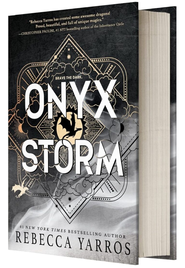 A 3D-rendered book cover of Onyx Storm by Rebecca Yarros features bold white text over a dark, ornate background with a dragon silhouette and intricate patterns, capturing the intensity of a Right Wing Revolution. An endorsement quote appears at the top.