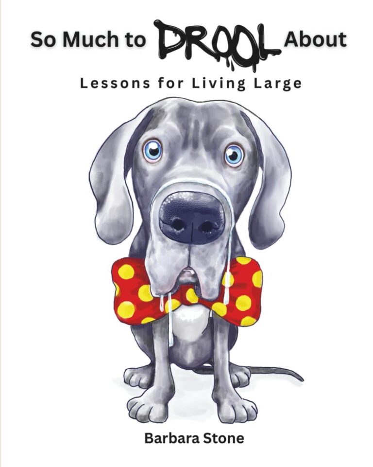 Illustration of a drooling gray dog with blue eyes and a big red bow tie with yellow polka dots, dreaming of gourmet dog food. Text above reads, So Much to DROOL About: Lessons for Living Large by Barbara Stone.