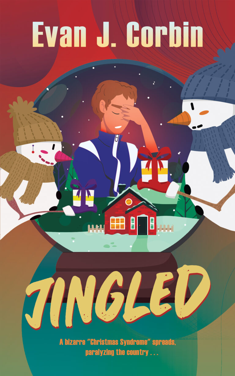 A book cover shows a worried person inside a snow globe, surrounded by snowmen, presents, and a small house. The title JINGLED is in bold yellow text, and the author is Evan J. Corbin.