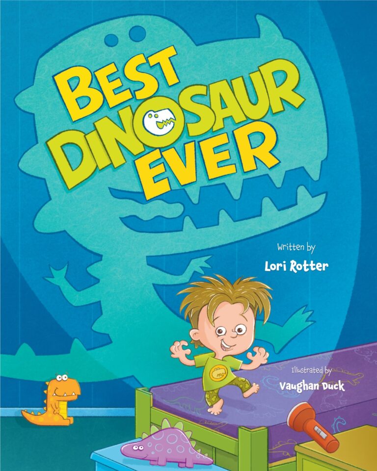 A playful book cover shows a smiling child in dinosaur pajamas jumping off a bed, with two toy dinosaurs and the shadow of the Best Dinosaur ever looming on the wall. The title reads Best Dinosaur Ever.