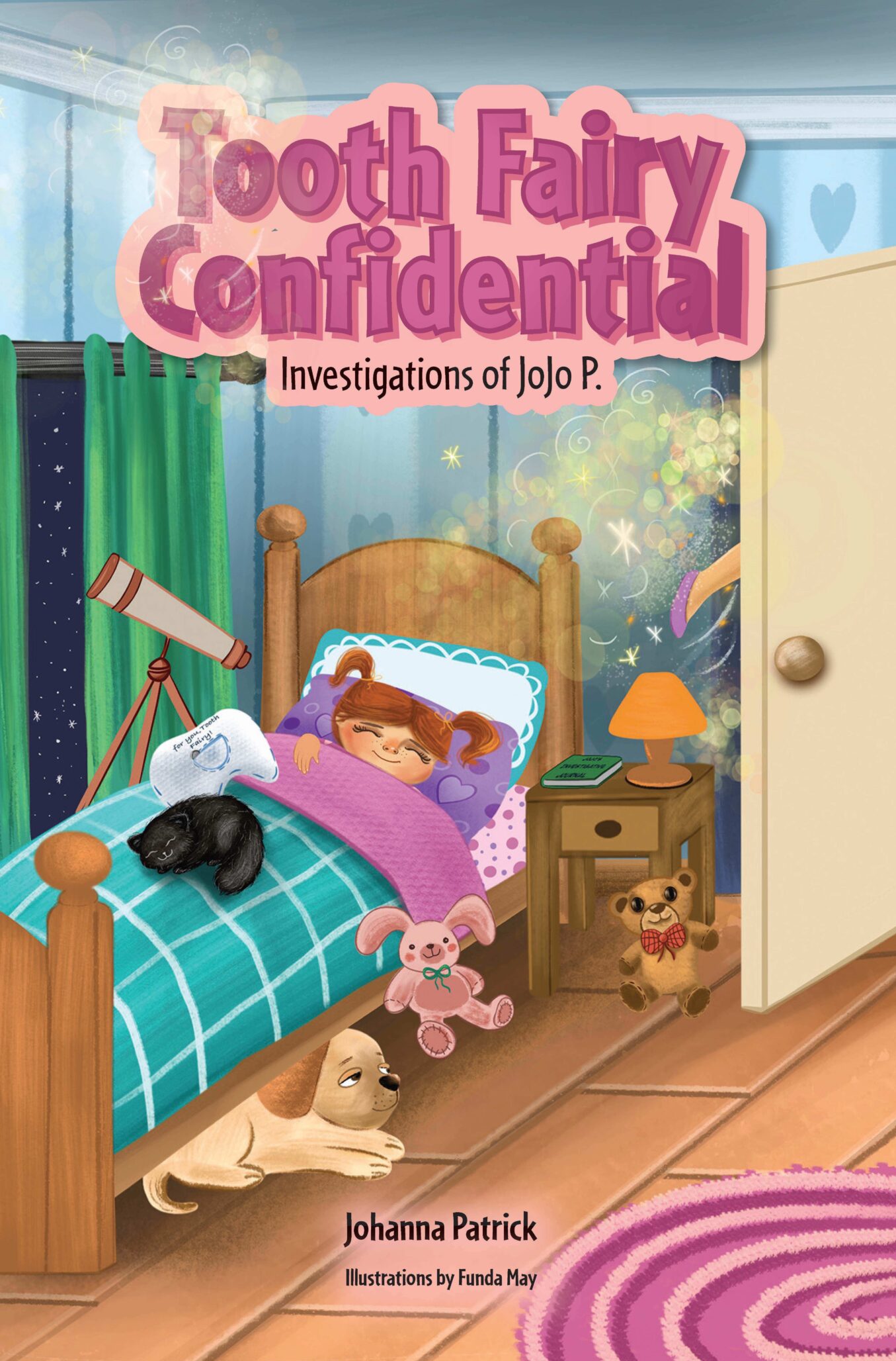 A young girl with pigtails sleeps in bed holding a tooth under her pillow, surrounded by three pets. The colorful room features a telescope, star-patterned rug, and the bold book title “Tooth Fairy Confidential”—hinting at Tooth Fairy secrets.