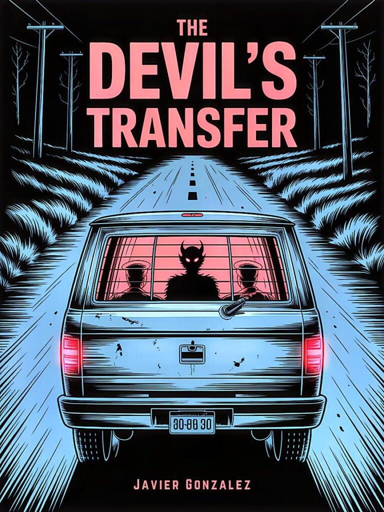 A stylized illustration of a blue car driving down a dark, empty road at night. In the back seat, a shadowy figure with devil horns sits between two police officers. The text reads DEVIL'S TRANSFER by Javier Gonzalez.