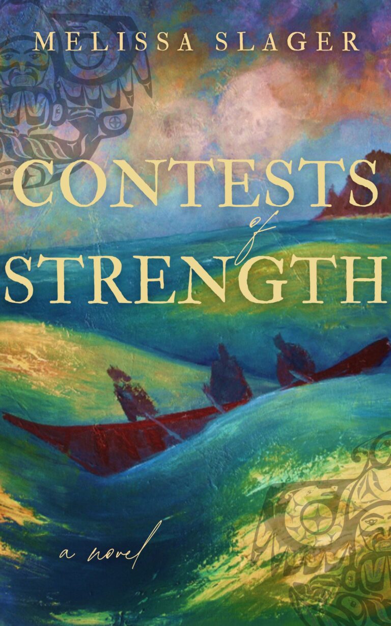 Book cover for Contests of Strength by Melissa Slager, featuring three determined rowers in a canoe on swirling, colorful waves under a dramatic sky with abstract patterns in the corners, reflecting the spirit of competition.