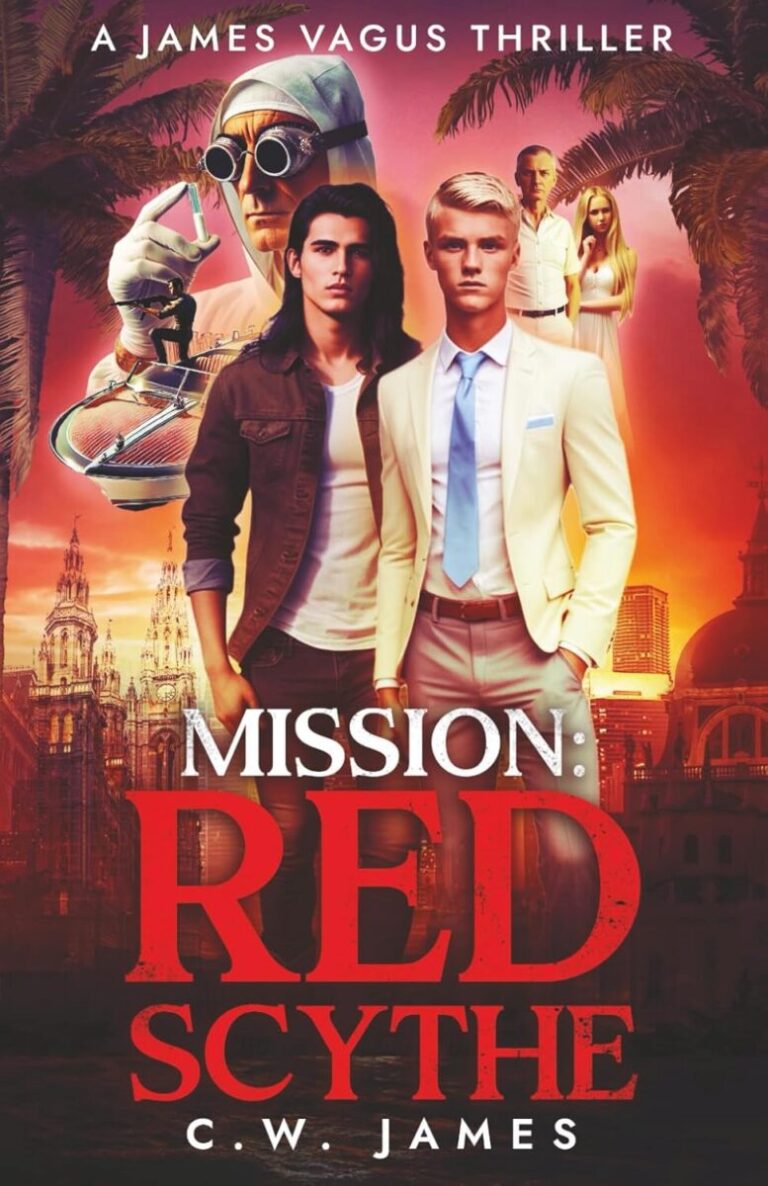 Book cover for Mission: Red Scythe by C.W. James. Two men stand in front: one in a white suit, one in a casual shirt. Behind them are a woman, a masked man with a gun, palm trees, and a cityscape at sunset.