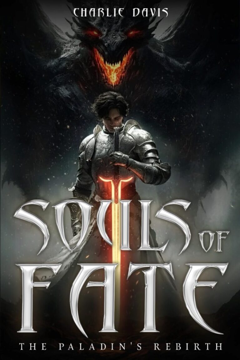A knight in shining armor wields a glowing sword, facing a shadowy, menacing dragon. The book cover features the title Souls of Fate: The Paladins Rebirth and the author Charlie Davis.