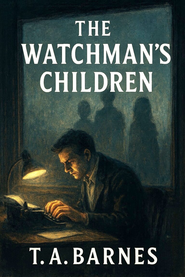 A man sits at a desk writing by lamplight, shadowy figures looming behind the window. The Watchman's Children and author T. A. Barnes are displayed prominently, hinting at mystery and intrigue within the story&rsquo;s pages.