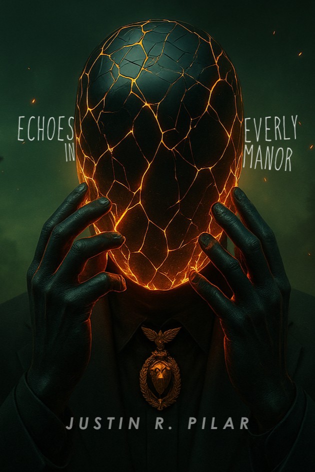 A figure in dark clothing holds their hands to a glowing, cracked, orange mask that covers their entire head. The greenish darkness looms behind them. Text reads Echoes in Everly Manor and Justin R. Pilar.