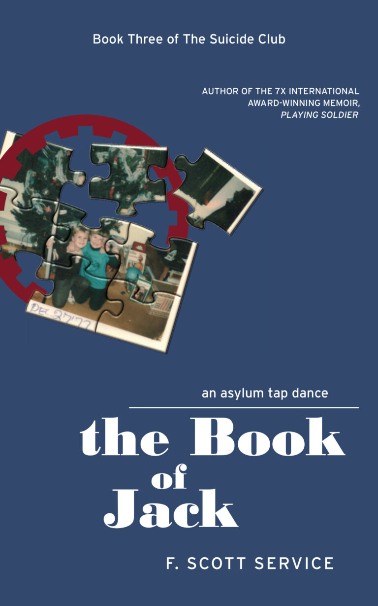Book cover for The Book of Jack by F. Scott Service features a vintage family photo made of puzzle pieces, evoking Asylum Tap Dance vibes, with faded colors and a dark blue background. Text notes it as Book Three of The Suicide Club.