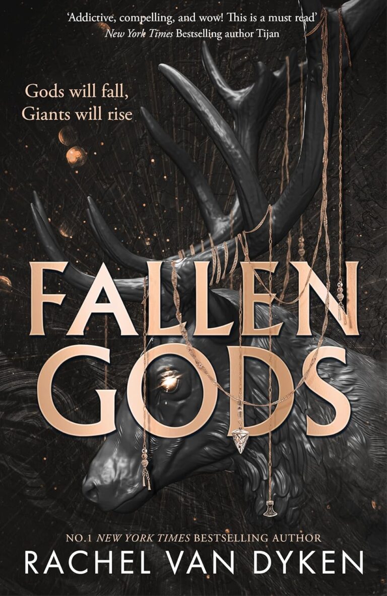 Book cover for Fallen Gods by Rachel Van Dyken featuring a dark, mystical background with a large stags head adorned with pendants and chains. The text reads: Gods will fall, Giants will rise.