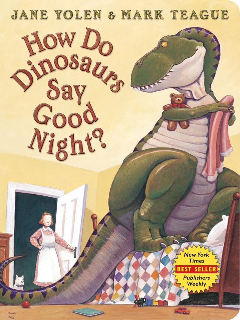 Book cover: A large green dinosaur holding a teddy bear sits on a bed, looking at a woman standing in the doorway. The cozy scene offers no hint of shipwreck or murder trial—just bedtime comfort in How Do Dinosaurs Say Good Night? by Jane Yolen & Mark Teague.