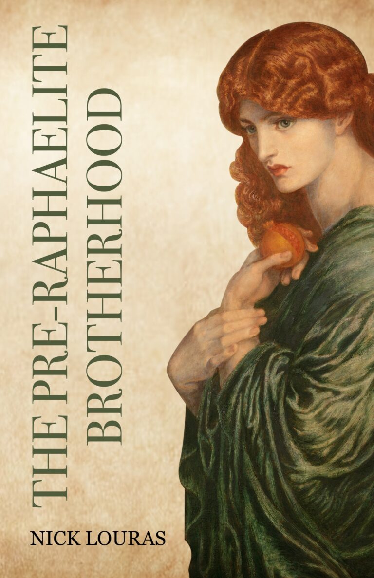 Book cover with a painting of a woman with long, wavy red hair holding a pomegranate, reflecting the Pre-Raphaelites art movement. The title The Pre-Raphaelite Brotherhood is written vertically on the left; Nick Louras is at the bottom.