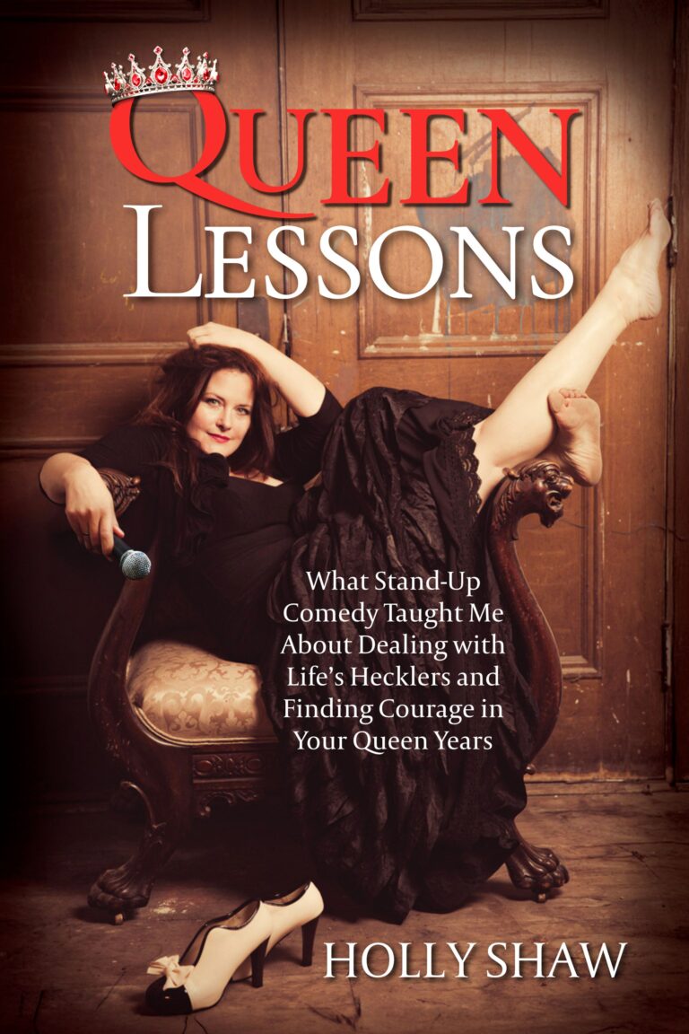 A woman in a black dress lounges playfully on a vintage armchair, holding a microphone. One shoe is off, resting on the floor. The book cover title, Queen Lessons by Holly Shaw, hints at powerful inspiration within.