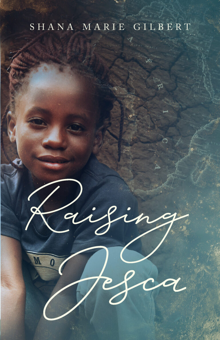 A young child with braided hair smiles at the camera, sitting against a backdrop of a faint map. The text Raising Jesca captures the heartwarming journey shared in this image.