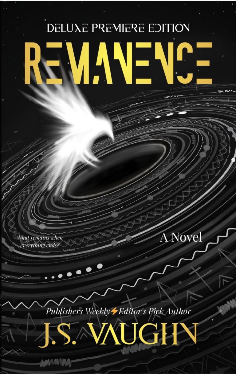 Book cover for Remanence by J.S. Vaughn features a white bird flying above a swirling, cosmic black hole with stars and concentric rings. Bold yellow and white text displays the title, author, and review quotes.