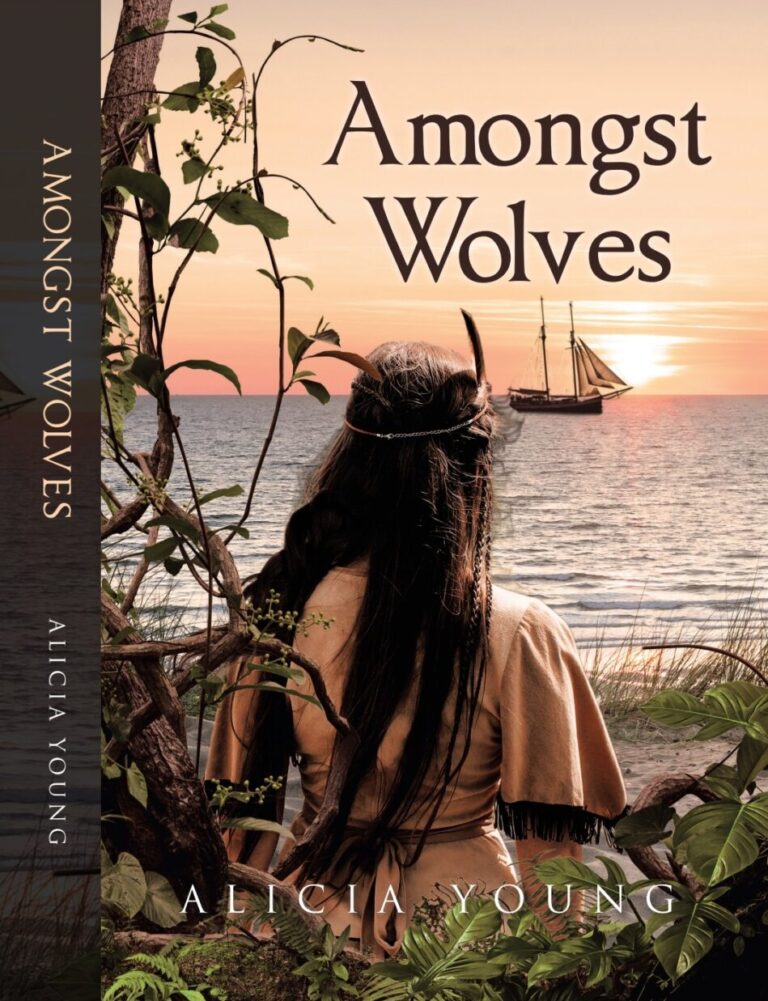 A woman with long dark hair sits by a lakeshore at sunset, gazing at a sailing ship on the water. The book title Amongst Wolves by Alicia Young is elegantly overlaid, evoking mystery and adventure.