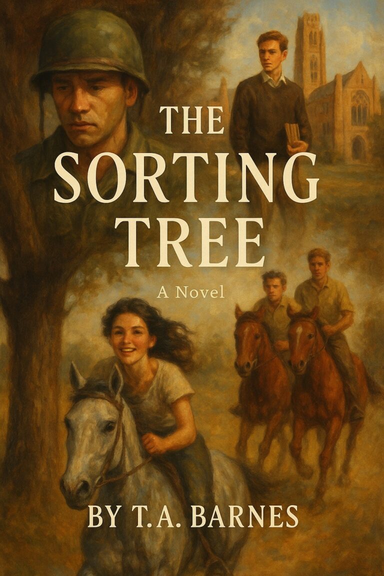 Book cover for The Sorting Tree: A Novel by T.A. Barnes. Showcases a soldier, a young man near an old building, and three youths riding horses beneath the looming presence of the Sorting Tree, all in a warm, painterly style.
