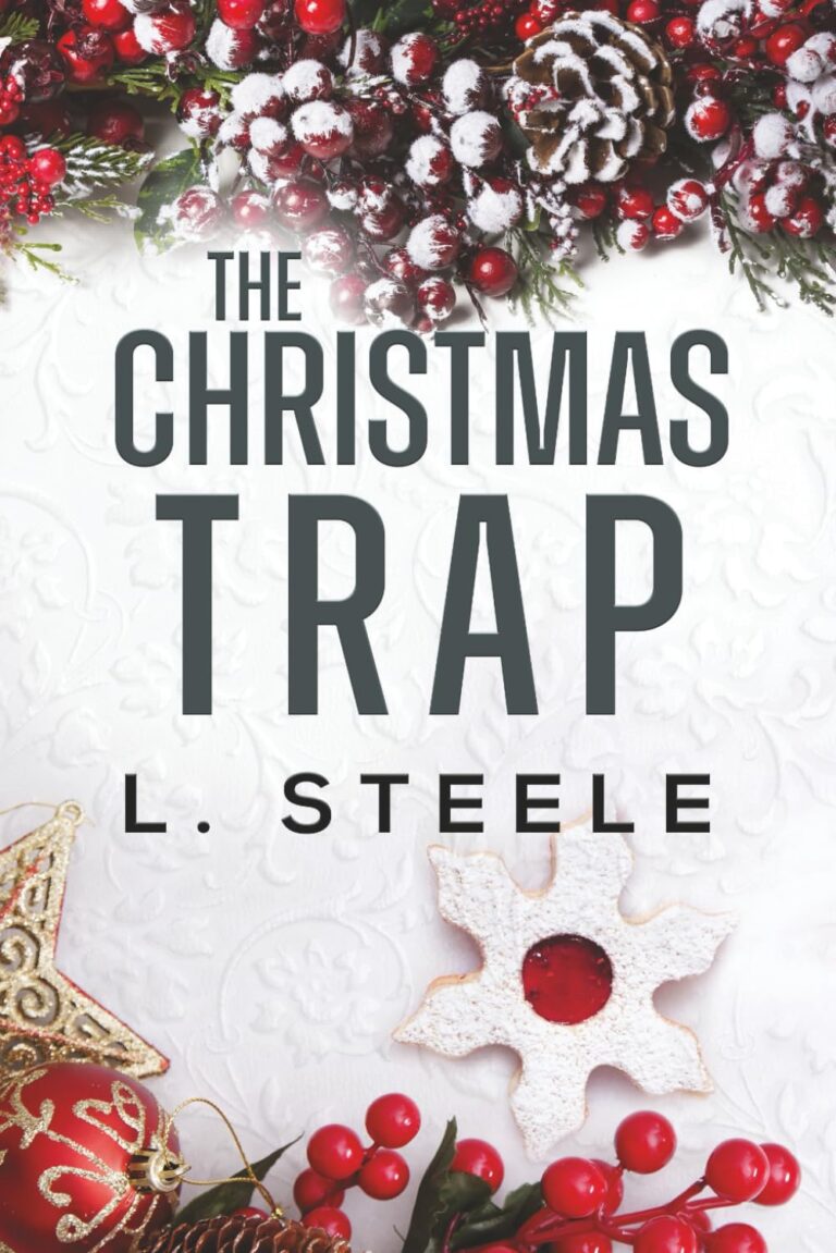 Book cover for The Christmas Trap by L. Steele featuring festive decorations: pine branches, red berries, pinecones, a gold star ornament—setting the stage for The Long Game—plus a red bauble and snowflake cookie on a white background.