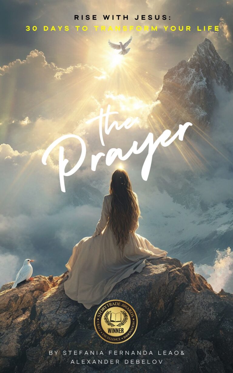 A woman in a long dress sits on a rock facing sunlit mountains, with a dove beside her and another flying overhead. The text reads: &ldquo;The Prayer: 30 Days to Transform Your Life&rdquo; by Stefania Fernanda Leao & Alexander Debelov.