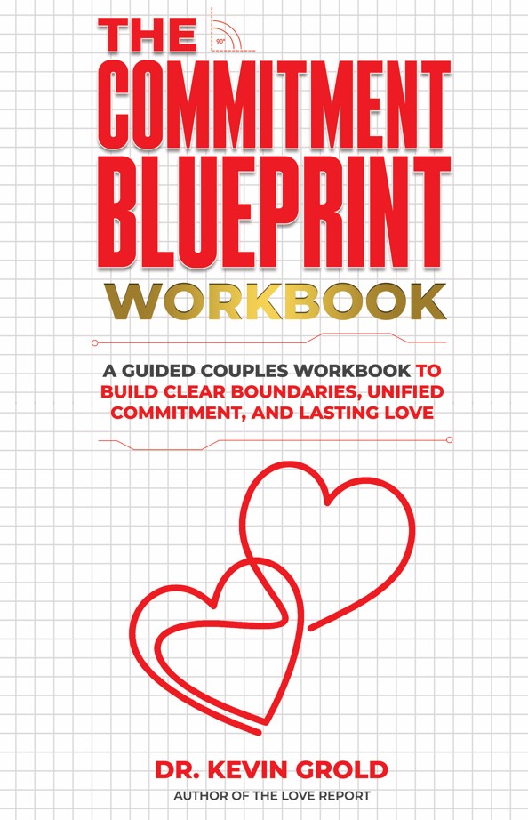 Book cover for The Commitment Blueprint couples workbook featuring two overlapping red hearts, grid background, and text about building relationship boundaries, unified commitment, and lasting love for couples by Dr. Kevin Grold.