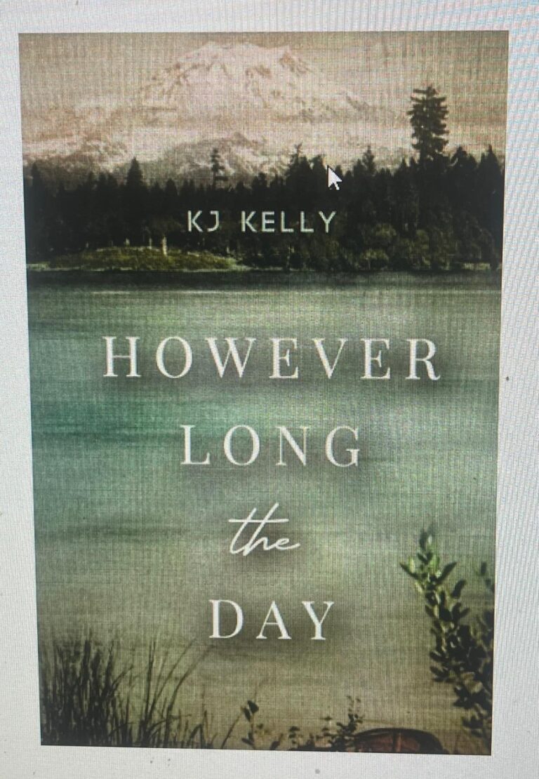 Book cover for However Long the Day by KJ Kelly, featuring a scenic lake with calm water, trees lining the shore, and a snow-capped mountain in the background beneath a cloudy sky. The mood evokes the tranquil journey of However Long the Day.