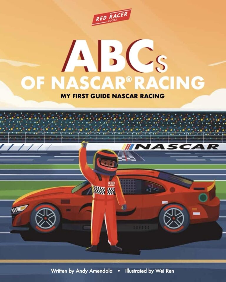 A race car driver in a red suit stands next to a red NASCAR car on a racetrack, raising one arm. The title reads ABCs of NASCAR Racing: My First Guide. Perfect for any young fan or book review, with a cheering crowd in the background.